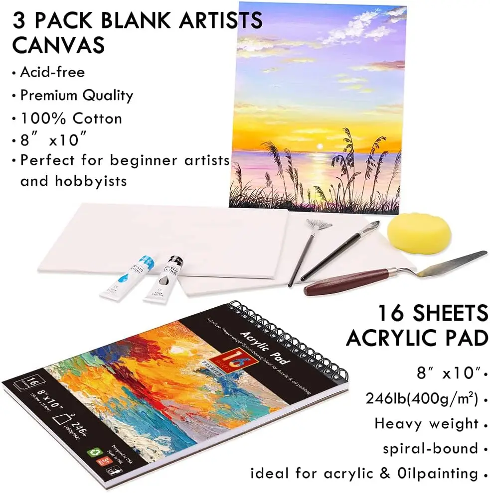 Acrylic Paint Set 56 pcs,Painting Supplies with 24 Acrylic Paint,16 Sheets Pad,Painting Brushes,Canvas,Palette,Easel Kit