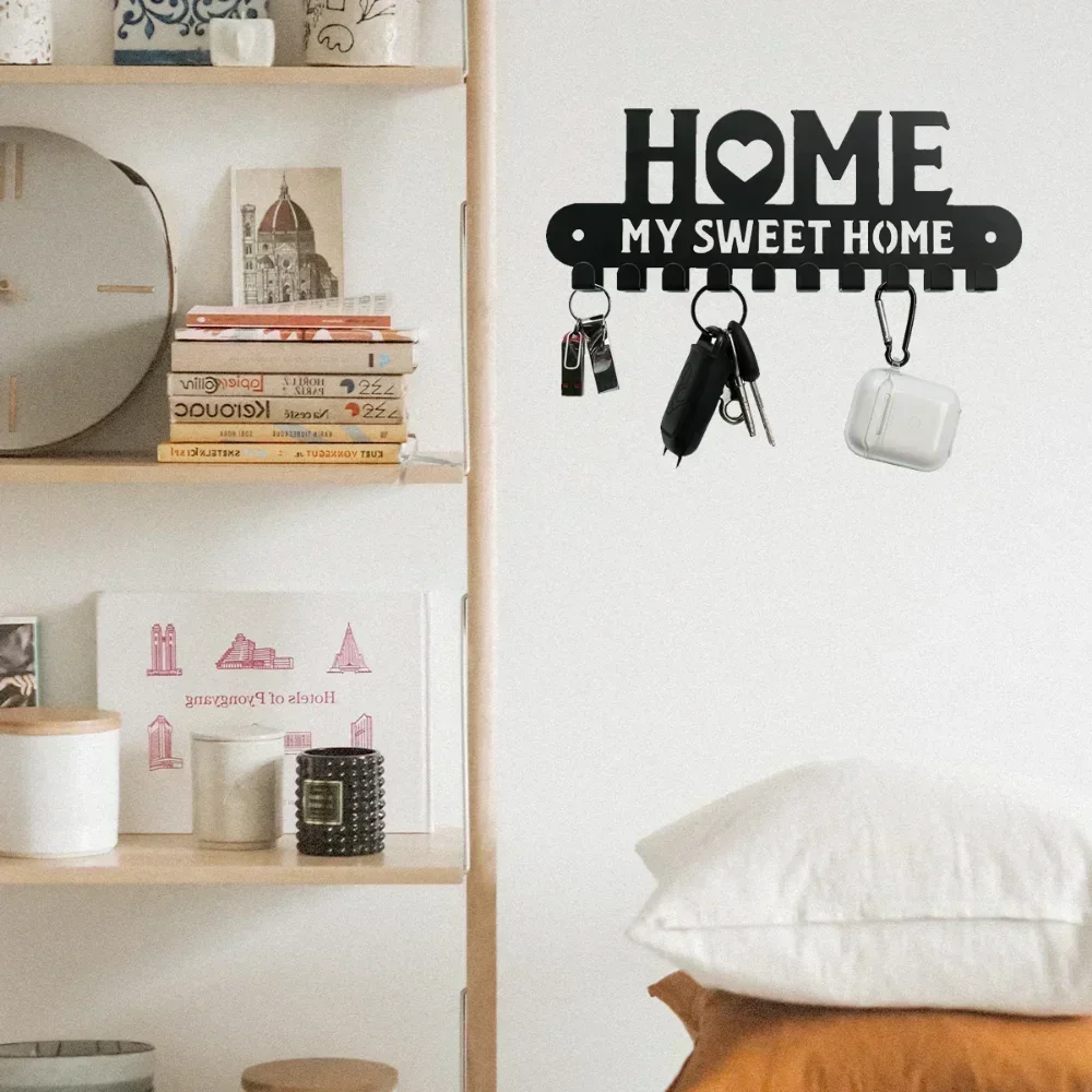 Metal Wall Key Holder Black Metal Wall-Mounted Key Holder Hooks Artistic Iron Coat Rack for Home Entryway and Kitchen