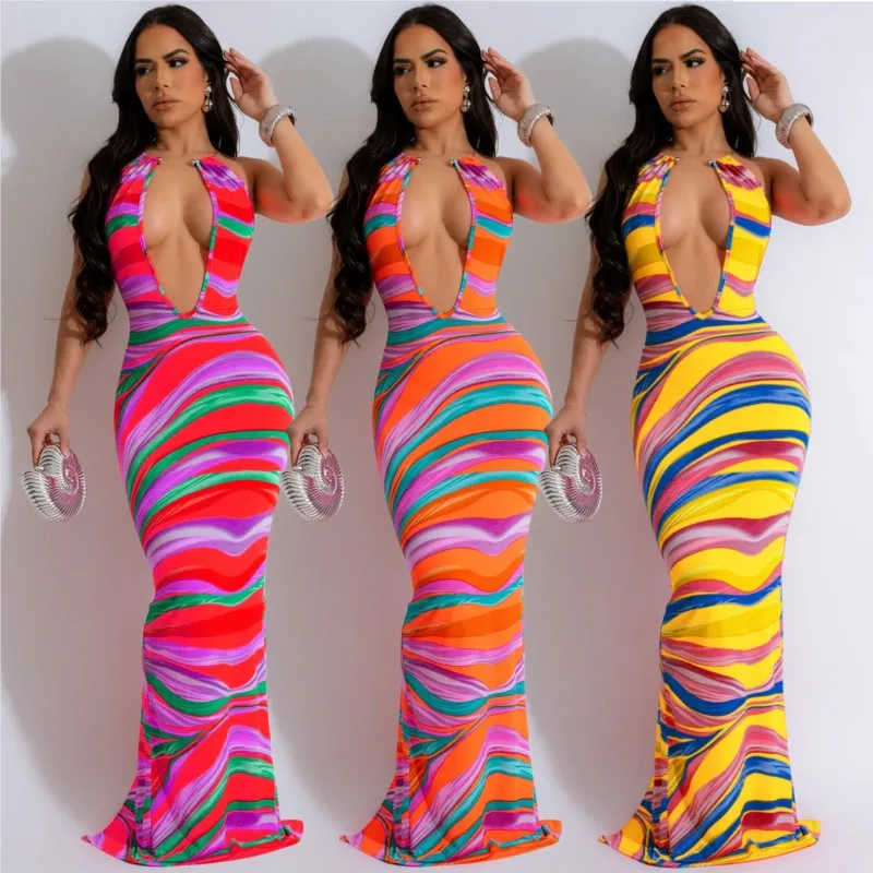 

Женское пляжное бикини 2024, роскошное платье без рукавов с принтом и открытой спиной, женская накидка из спандекса в полоску, купальный костюм