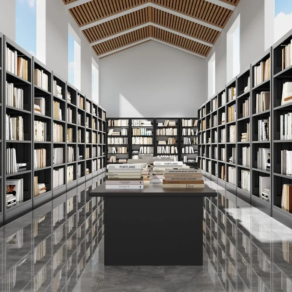 5-Tier Bookcase with Adjustable Storage Shelves, Metal Bookshelf with Book Stopper, Bookcase Shelf for Library, Office 6