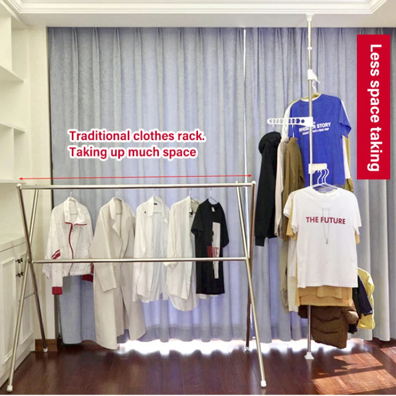 Household Flooring drying rack indoor telescopic pole drying rack Balcony Window Retractable drying rod Fixed Hanging Coat Racks 4