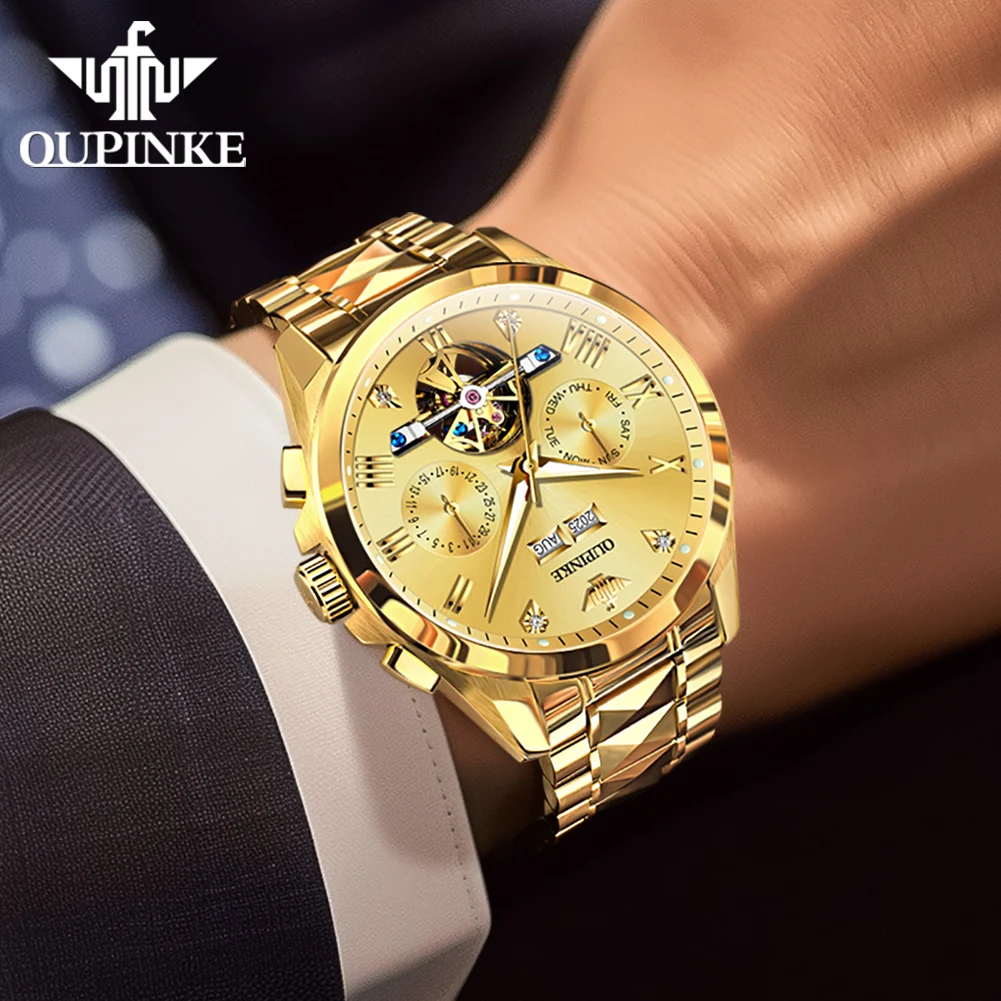 OUPINKE 3240 Automatic Watches For Men 44mm Big Dial 5Bar Waterproof Man Wristwatch Luxury Skeleton Flywheel Mechanical Watches