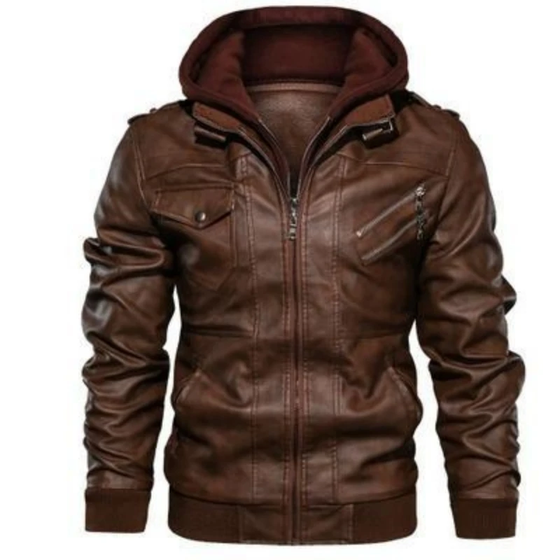 Autumn Winter Men's Detachable Hooded Casual Leather Jacket Fashion Fake Two Piece Zipper Coat Motorcycle PU Leather Jacket