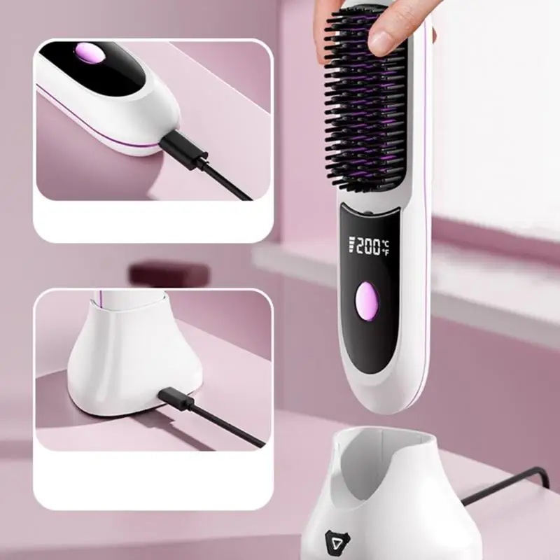 C4DA USB Rechargeable Hair Straightener Brush Fast Heating & 3 Temperature Settings