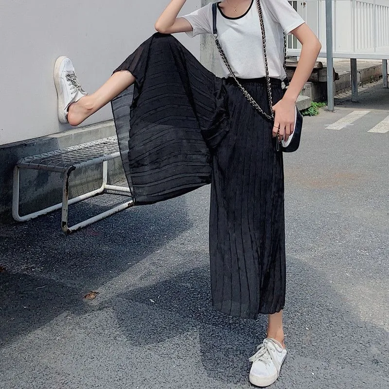 Women's Spring Summer Solid Polka Dot Shirring Wide Leg Casual Loose Elastic High Waisted Sports Trousers Office Lady Pants