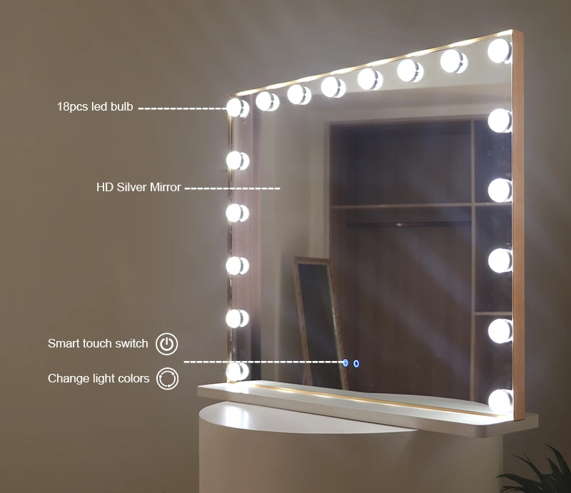 Square Base Large Touch Sensor Switch Touch Screen with LED Light Make Up Makeup Hollywood Vanity Cosmetic Mirror