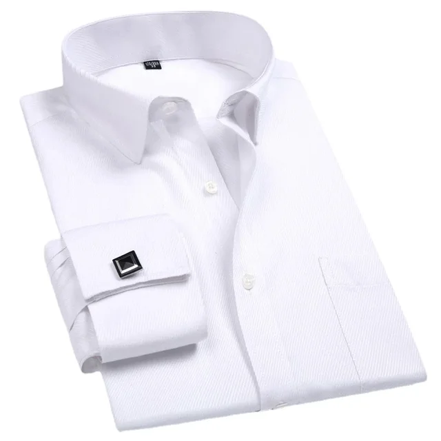 Chemise habillée homme 2026 à poignets mousquetaires, nouvelle chemise décontractée blanche à manches longues avec boutons, coupe classique, vêtements de marque pour homme 1