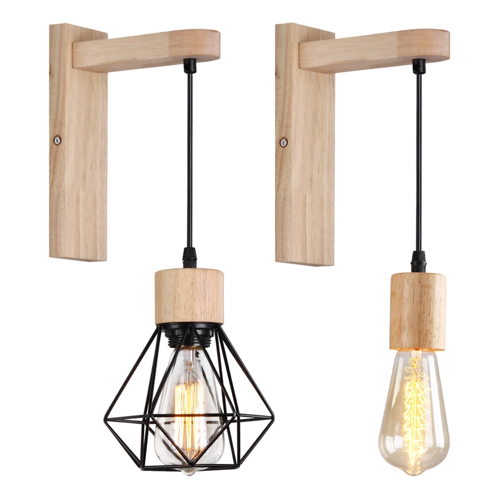 

Industrial Wall Lamp E27 Sconce Lampshade Retro Iron Wooden Hanging Indoor Wall Light for Living Room Bedroom Kitchen Corridor