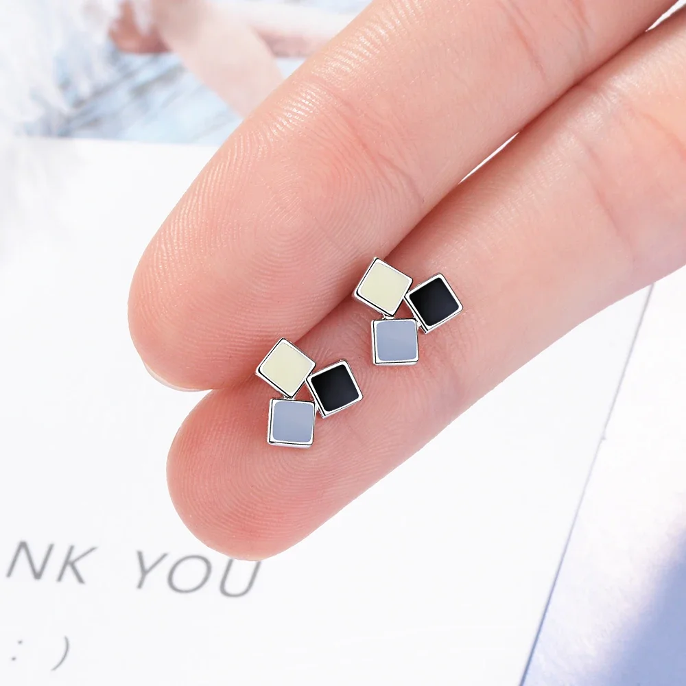 

OL Style Real 925 Sterling Silver Mixed Color Square Earrings For Women Young Girls Cute Stud Earring Boucle D'oreille Oorbellen