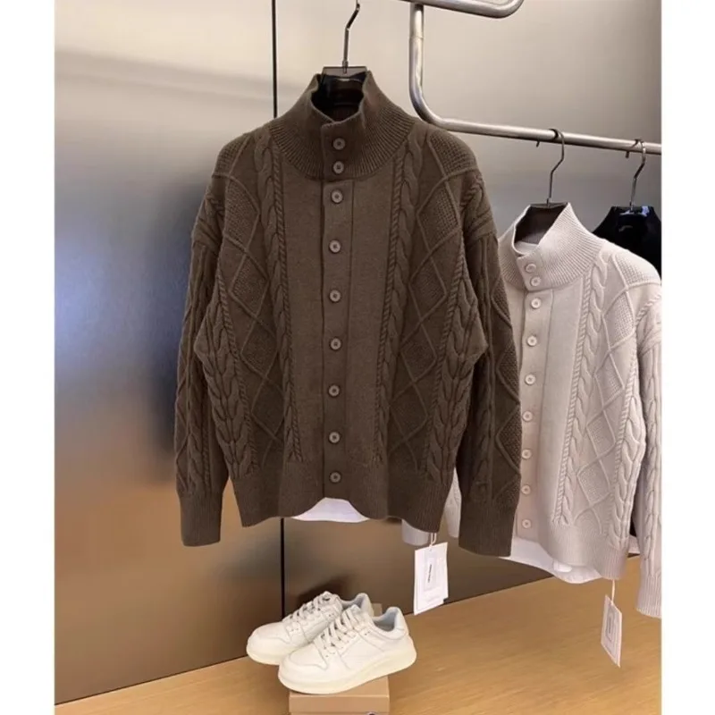 Autumn Winter Twist Knitted Solid Color Cardigan Men's Loose Casual Stand Collar Sweater Jacket Solid Color Single-breasted Tops
