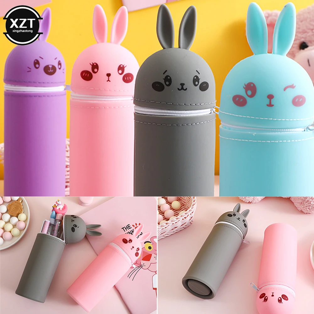 Cute Silicone Pencil Case Portable Cartoon Rabbit Stationery Storage Bag Pen Holder Container Large Capacity Desk Organizer images - 6