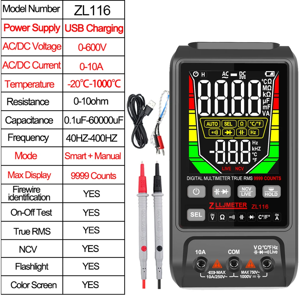 ZL116 스마트 멀티트로 전압 테스터 현재 용량 Ohm NCV 온도 Hz 자동 범위 전기 기기 USB 충전