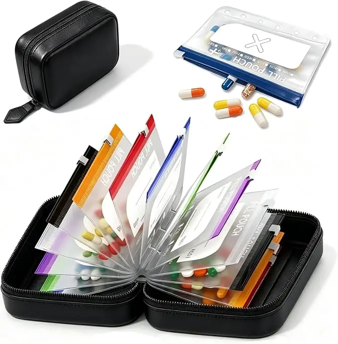 Compact Travel Pill Organizer Binder with Waterproof, Crush-Resistant Design and Writable Labels