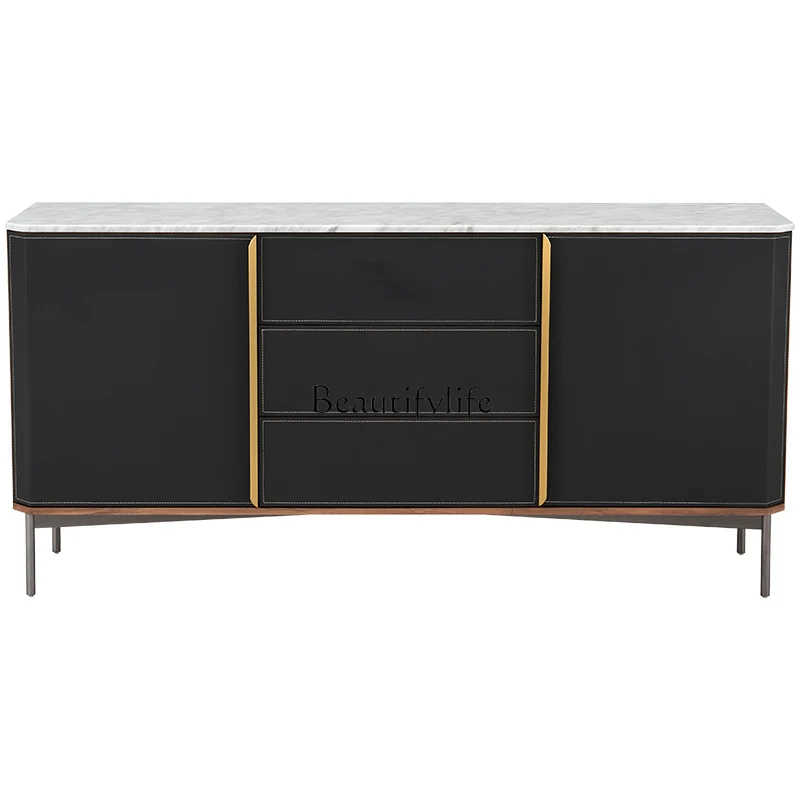 

Italian Minimalist Saddle Leather Sideboard Cabinet Black Modern Entry Lux Style Marble Wall Locker