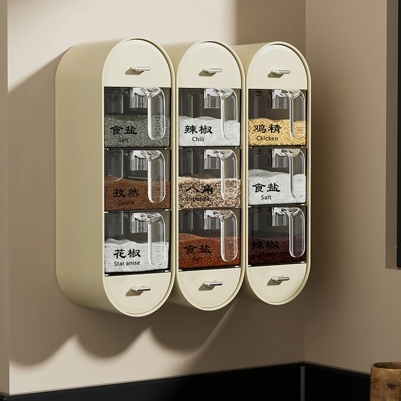 Wall mounted Seasoning Box Salt Pepper Spice Rack Jar Sugar Bowl Spice Box Organizer Kitchen Organizer Set Storage Shelf seasoning box