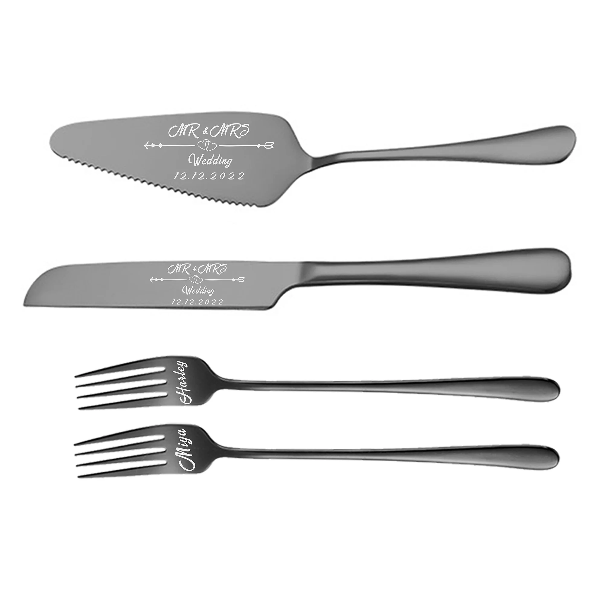 4Piece Set Personalized Wedding Cake Knife Server Set With Forks