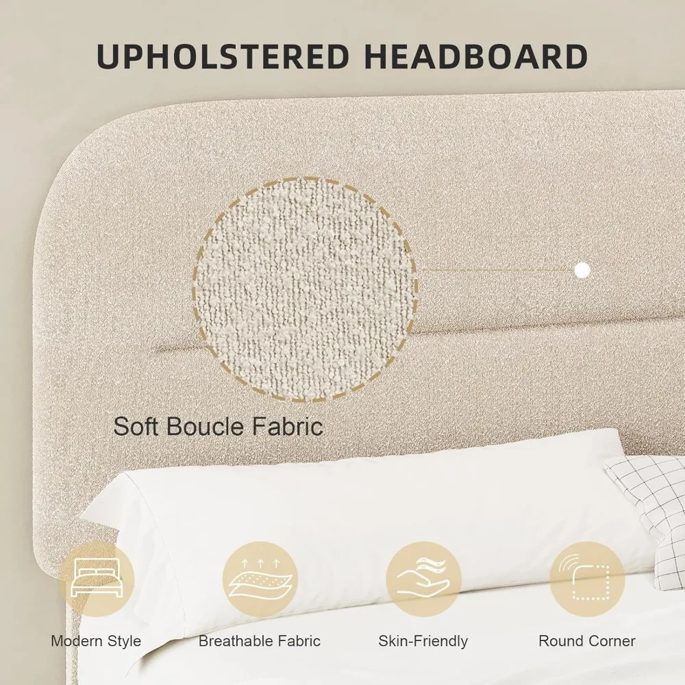 King Size Boucle Bed Frame, Upholstered Cloud Beds Frames with Headboard, Soft Platform Bed Frame with Thickened Footboard 4