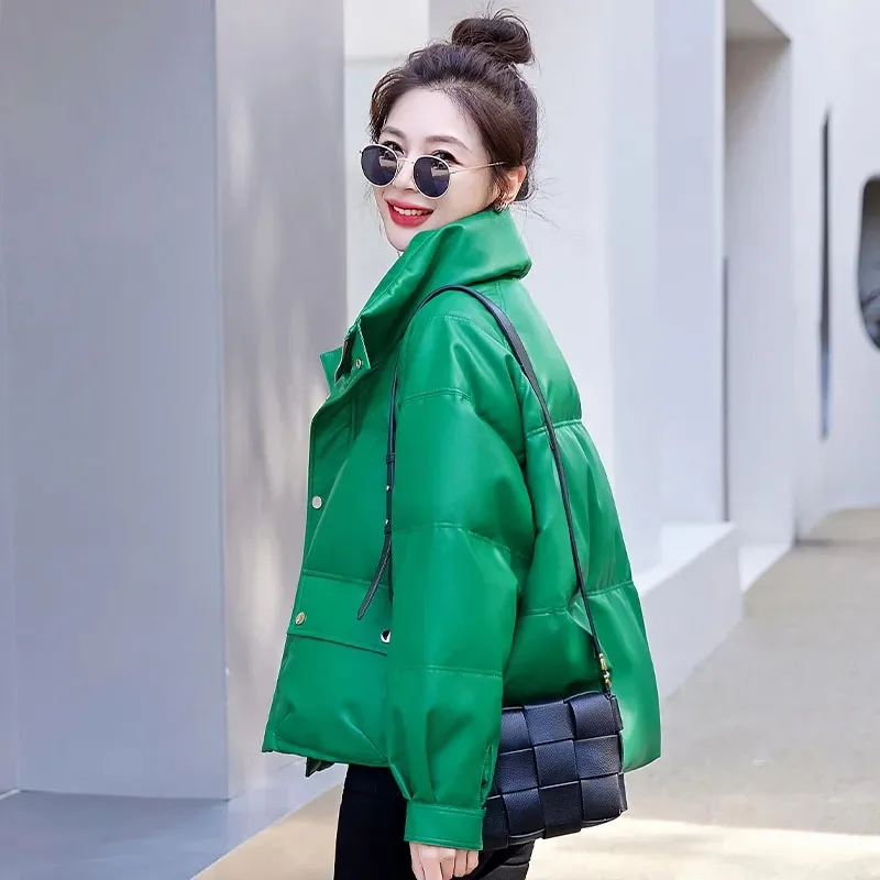 

2023 New Women Pu Leather Down Jacket Winter White Duck Down Fashion Warm Solid Color Women's Down Jacket Female Parker NBH852