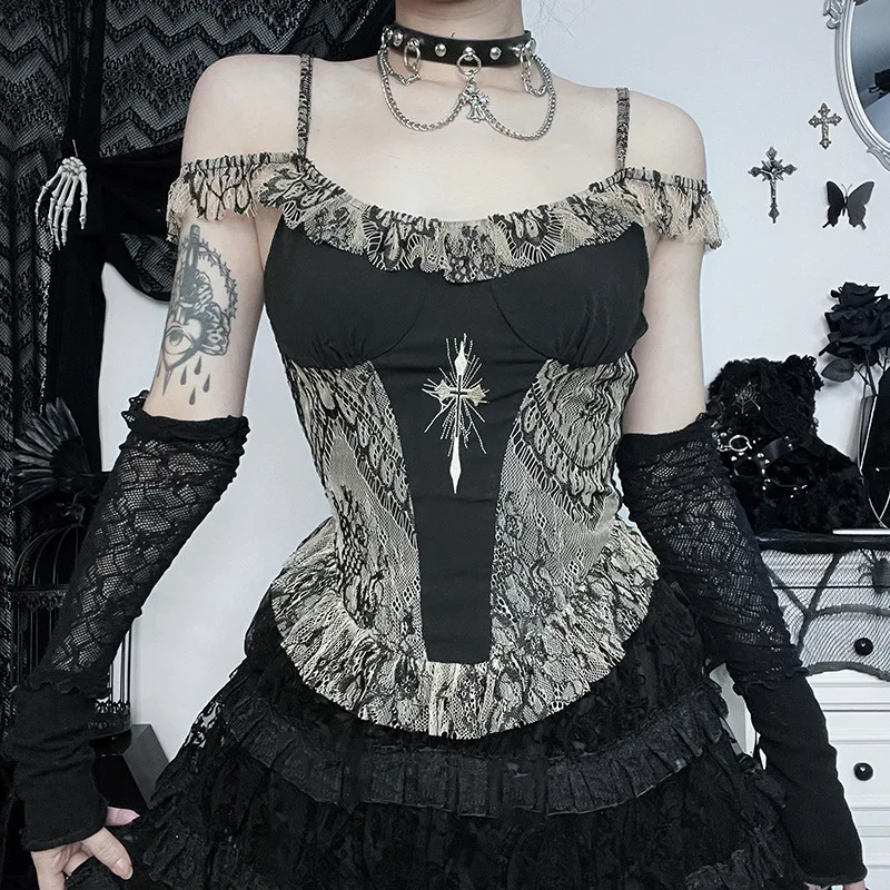 

Gothic Punk Retro Sexy Sling Y2K E Girl Slim Strapless Tops Contrast Cross Embroidered Vest Women crop top top cpe