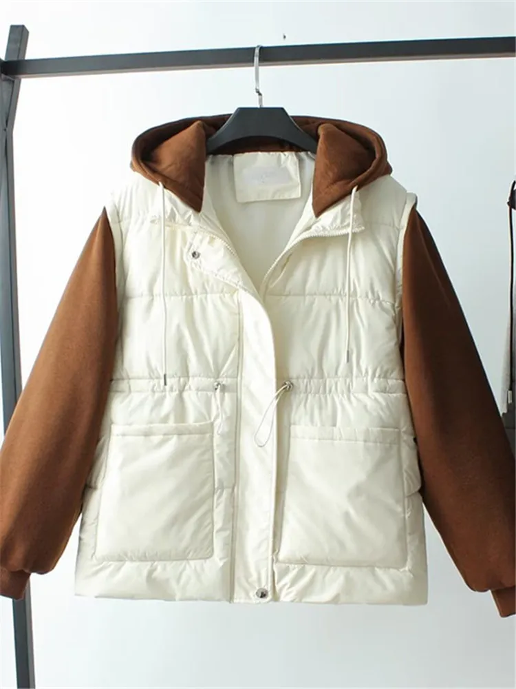 

Женская зимняя утепленная куртка размера плюс, хлопковая утепленная повседневная куртка контрастных цветов с капюшоном и рукавами