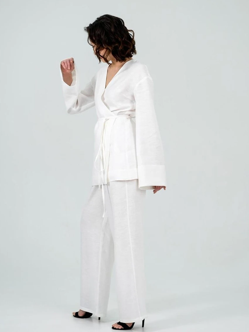 Marthaqiqi Loose Female Nightgowns Set Long Sleeve Nightwear Sexy V-Neck Sleepwear Lace Up Nightie Pants Women'S Pajamas Suits