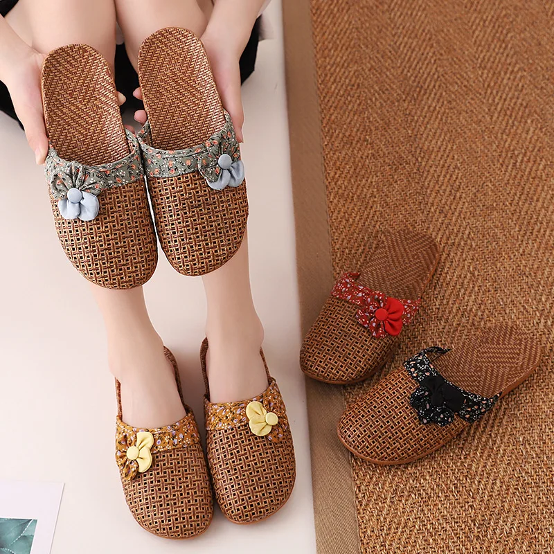 Linen Embroidered Flower Rattan Grass Hand-Woven Home Indoor Men And Women'S Non-Slip Cotton Linen Cool Slippers Natural Environ