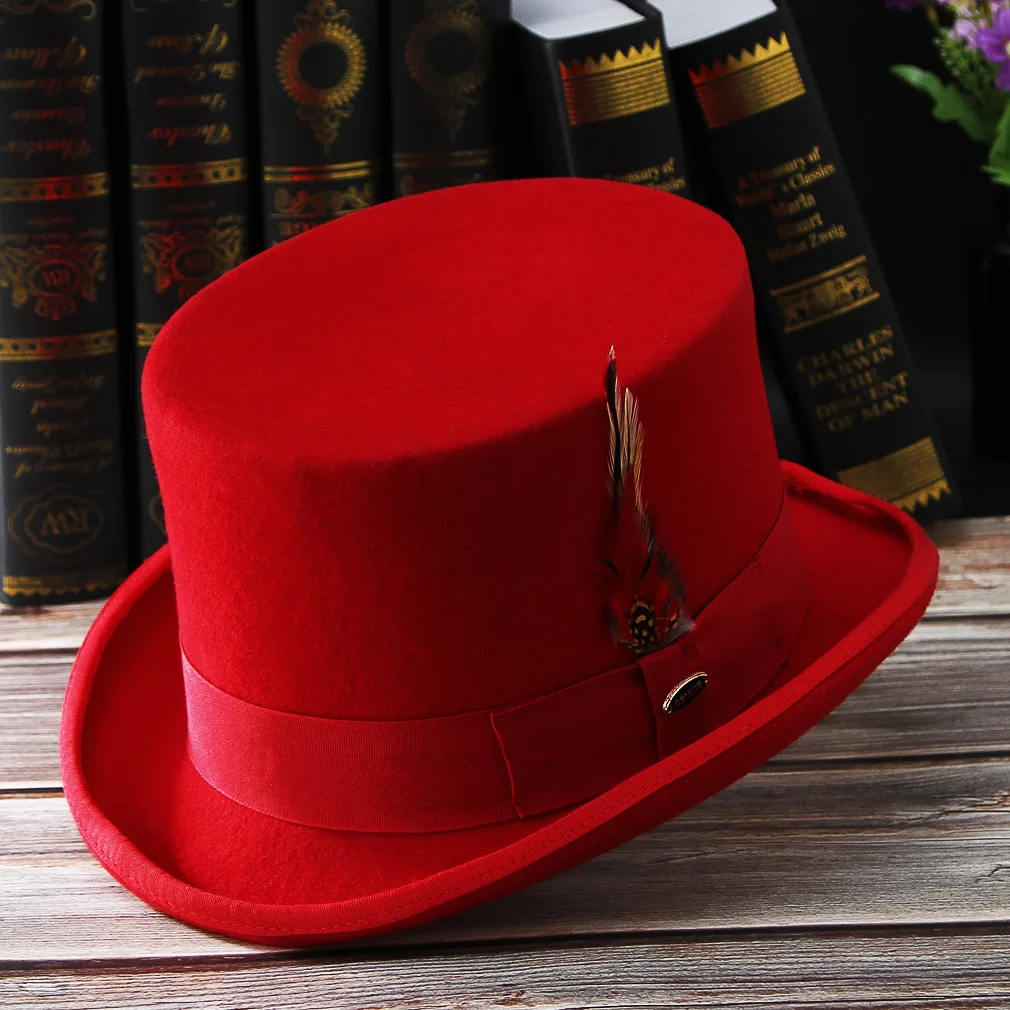 Men Hat 100% Wool Fedora Hat Unisex Top Show Gentleman Bowler Hat Black Red Magic Hat Presidential Hat Feather Accessories