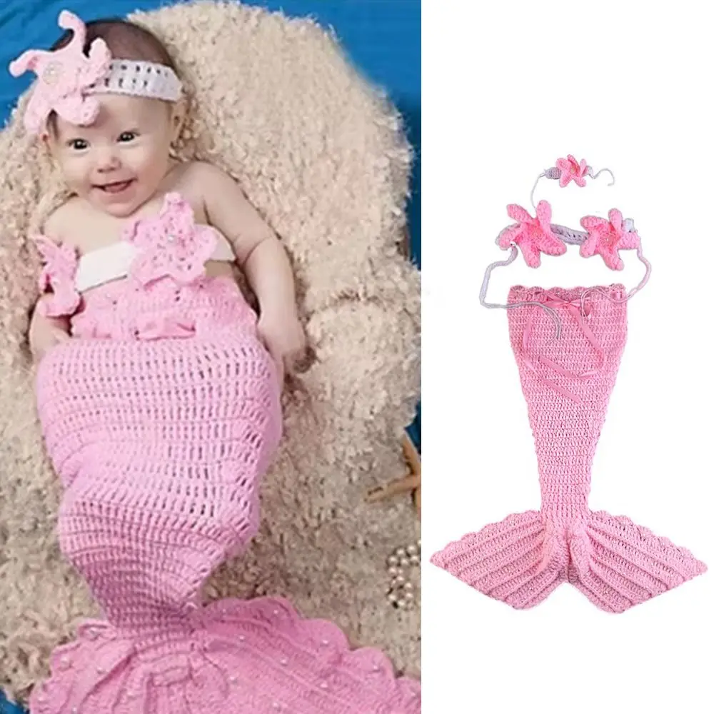 3pcs/Set Creative Baby Mermaid Costume Set Soft Handmade Newborn Photography Props Solid Color Washable Infant Knitted Costume
