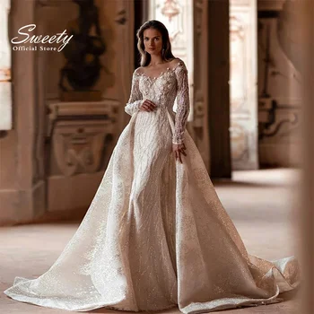 Luxury Mermaid Detachable Train Wedding Dress Lace With Embroidery Bead Ball Gown O-Neck Fullsleeve Vestido De Novia ﻿Customized