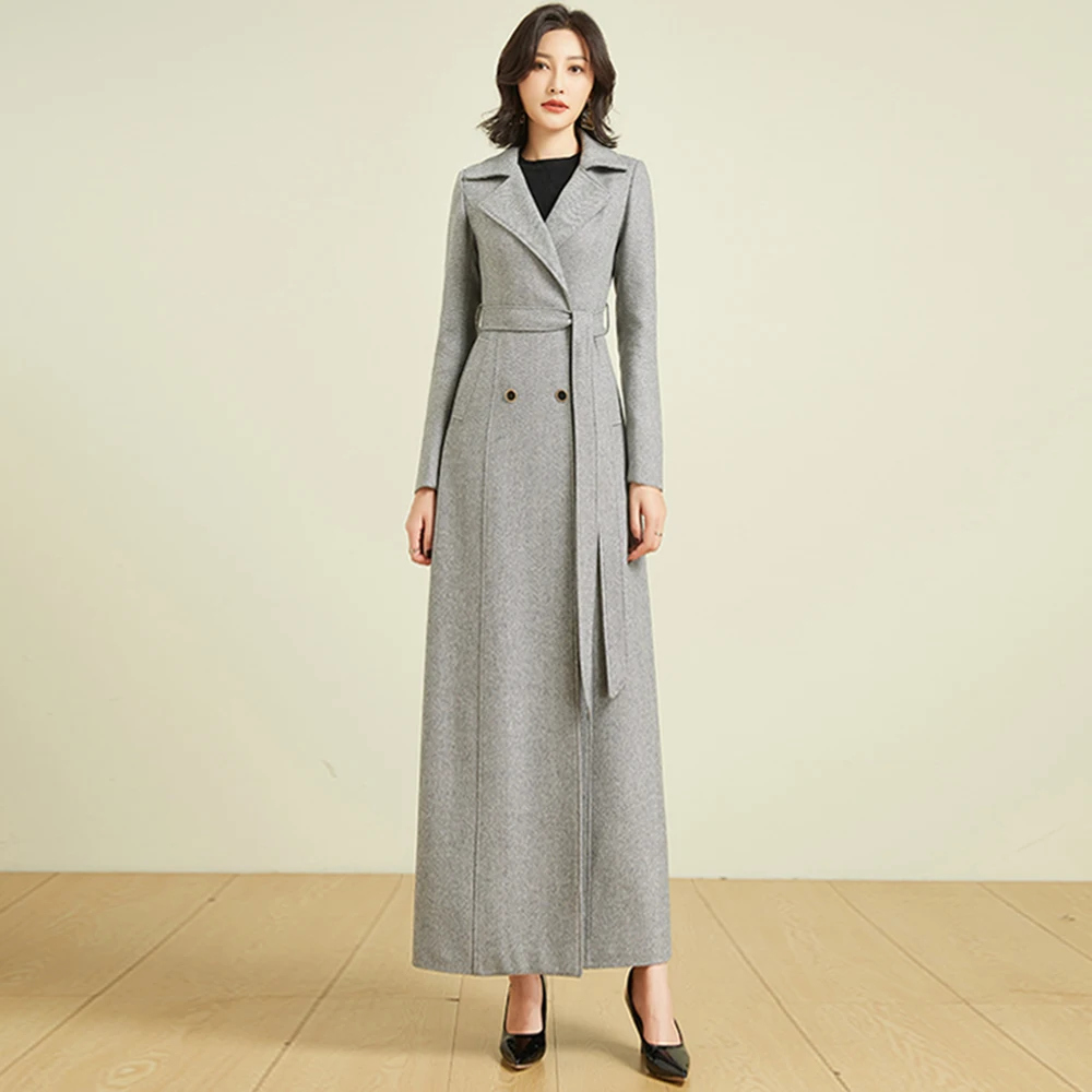 New Women Overlength Wool Coat Spring Autumn Elegant Suit Collar Double Breasted Belt Slim Herringbone Pattern Woolen Overcoat