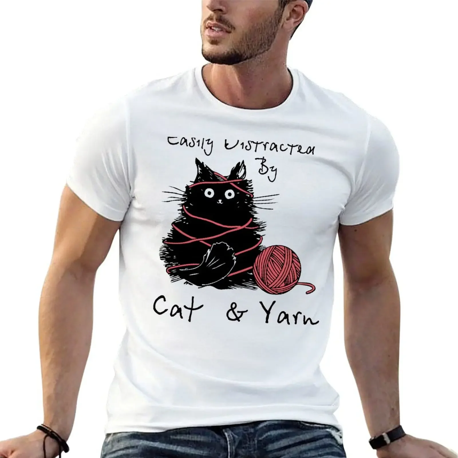 

Easily Distracted By Cat And Yarn T-shirt Aesthetic clothing tops mens clothes