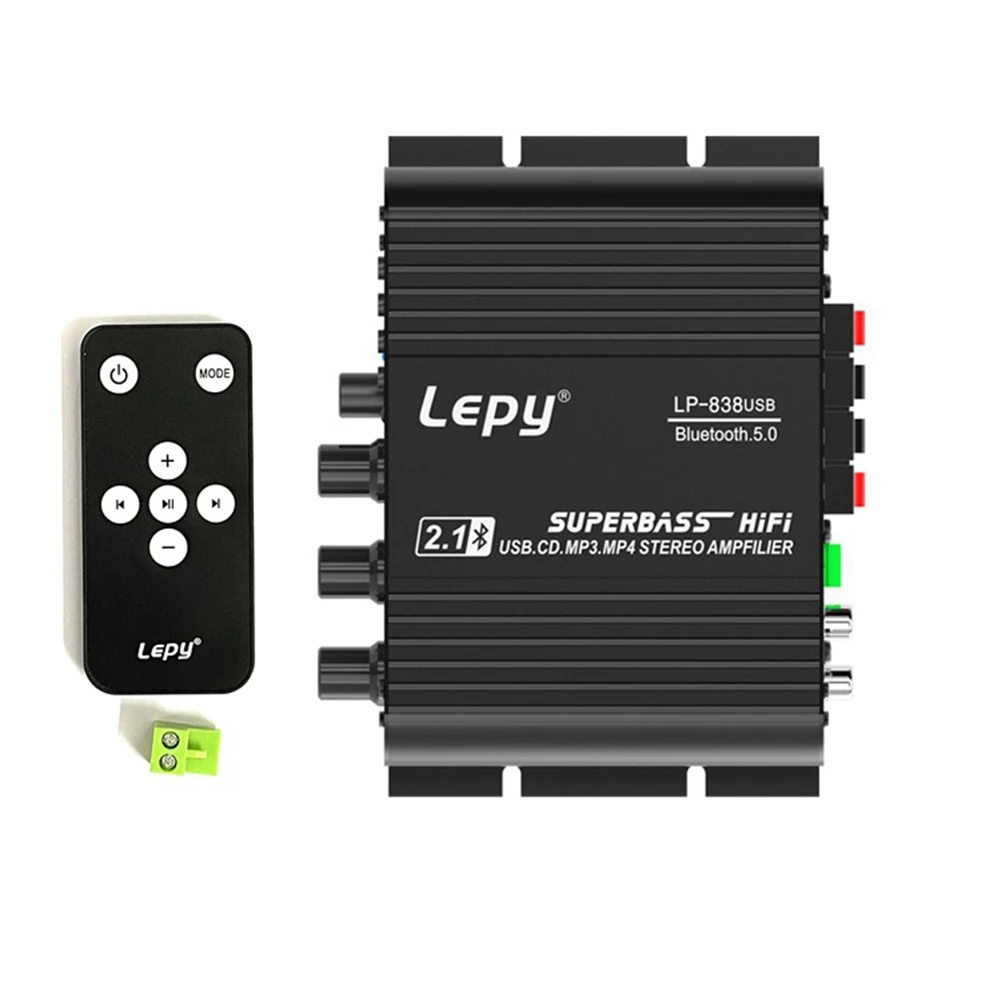 

LEPY 838 USB Bluetooth Subwoofer Amplifier HIFI 2.1 12V Car Home Amplifier U Disk Lossless Suitable for 4-8 Ohm Speakers