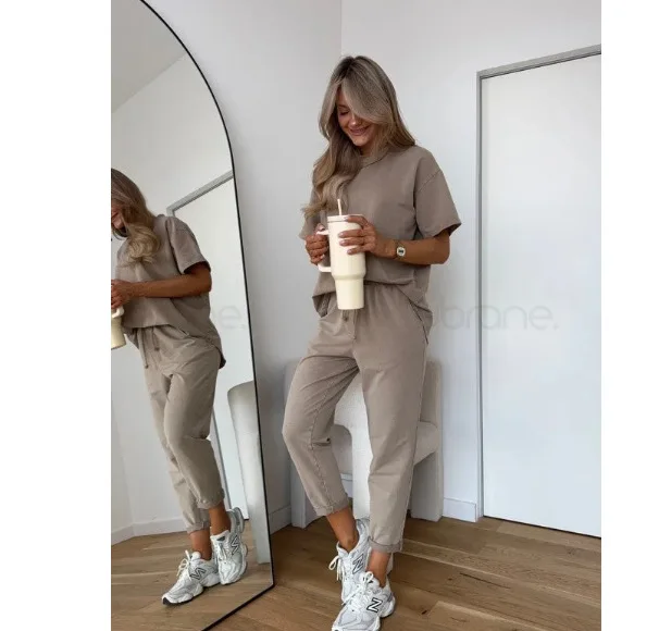 Casual Sports Style 2 Piece Set Women Loose O-neck Short Sleeved Pullover Elastic Waist Lace Up Long Pants Set Fashion Commuting 3