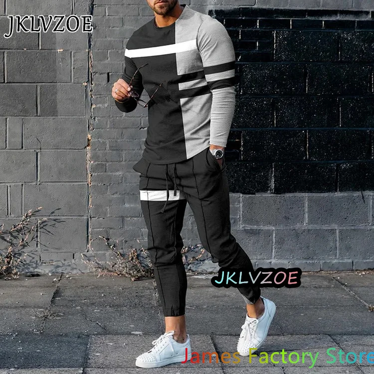 Men's Outfit Tracksuit 2 Piece Set Long Sleeve Trouser Streetwear Autumn Fashion Casual Oversized TShirt Jogger Trouser Set