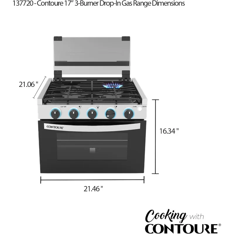 RV 3-Burner Drop-In Gas Range 17"Black with Stainless Steel Accents Dual LED Knobs Easy-Clean Oven Propane-Powered CSA Certified 2