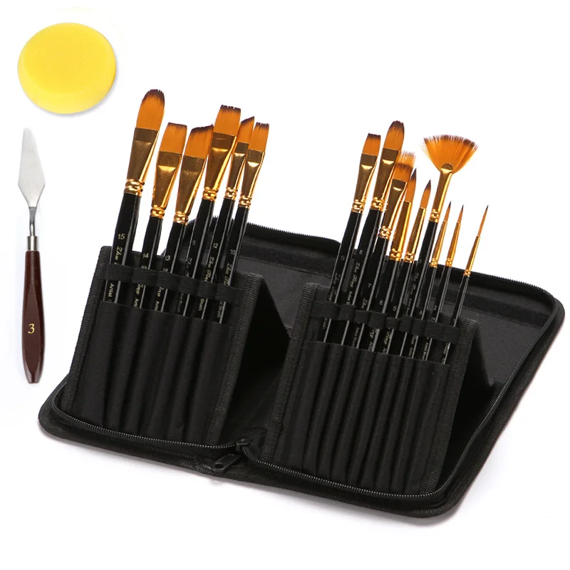 15pcs Black Handle Artist Paint Brushes Set with Canvas Bag Palette Knife Sponge Different Shapes Nylon Hair Silver Art Supplies