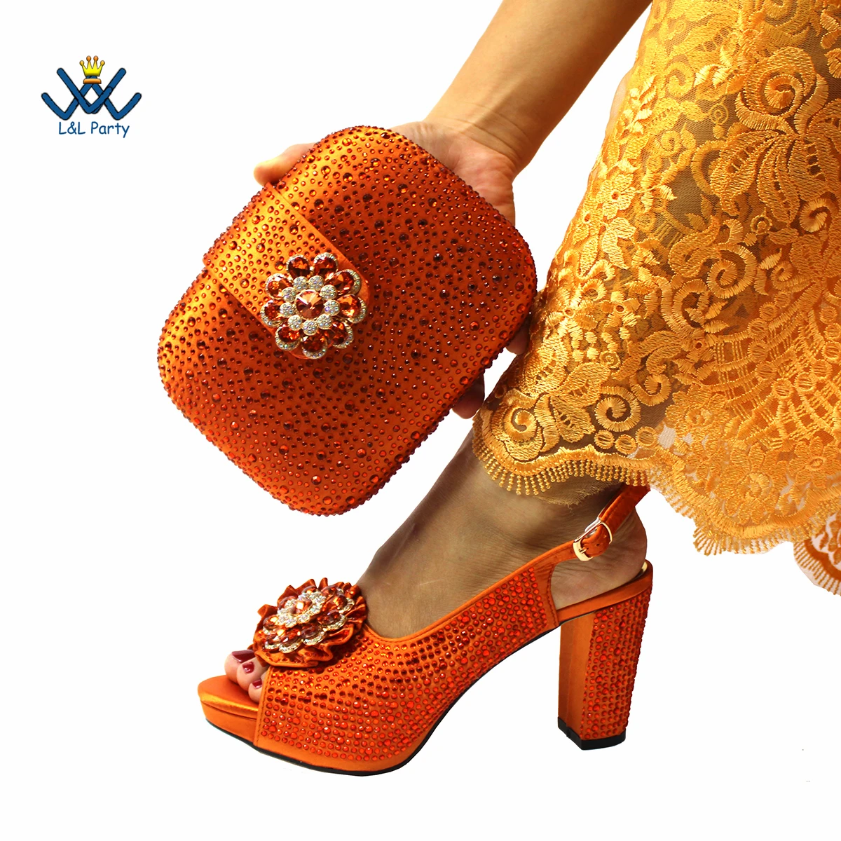 Fashionable Italian Women Shoes Matching Bag in Orange Color Mature African Ladies Comfortable Heels Sandals for Party