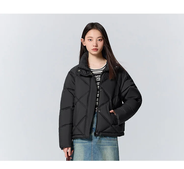 Cotton Clothing Women Loose Stand Collar Simple Casual Temperament Winter Gentle Waterproof Rhombus Versatile Thick Coat