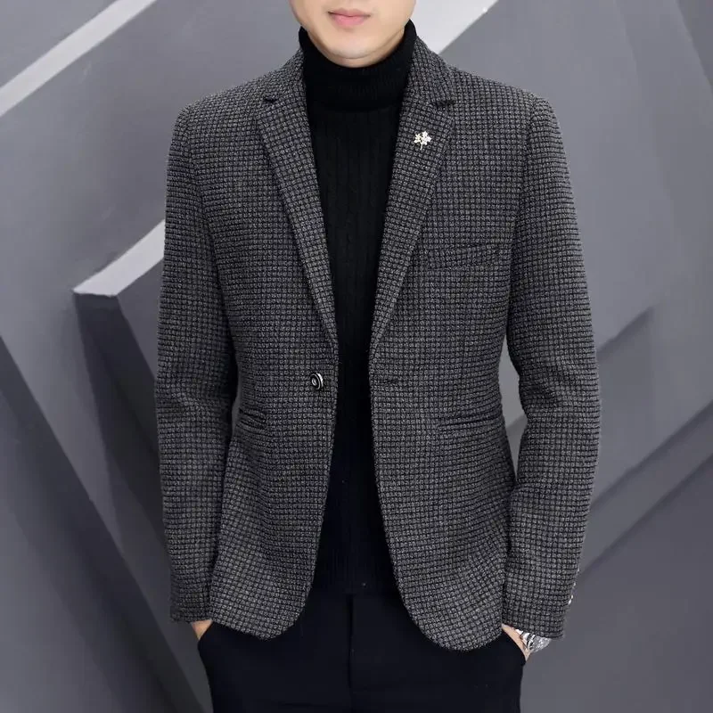 Suit Jacket for Men Winter Fashion Handsome Thick Wool Suit for Men Trend Slim-fit Thick Wool Casual mens blazer