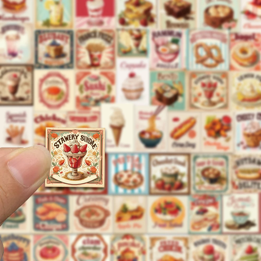 50개의 빈티지 음식 스티커, 여행 가방, 선물 상자, 핸드북, 다이어리, 방수 스티커 등의 장식에 적합합니다.