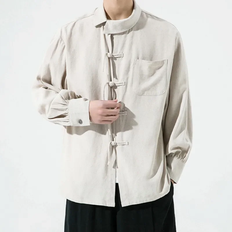 

Chinese Men's Hip Hop Loose Pocket Shirt Plus Size Ethnic Couple Men's Casual Coat Coat Coat Harajuku Solid Color Large Top