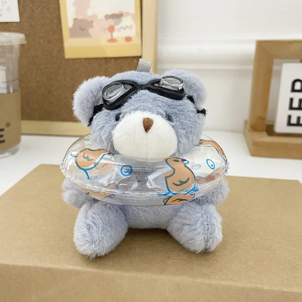 PVC Swimming Bear Keychain Cartoon Stuffed Goggles Animal Pendant Duck Printed Transparent Plush Bear Key Ring Women