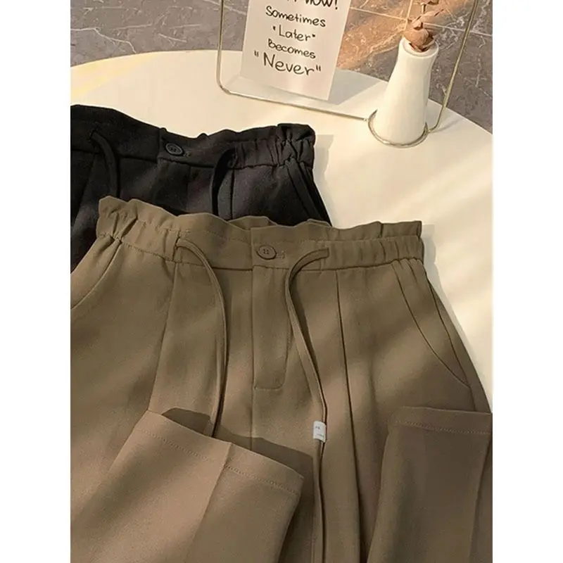 Spring Autumn New Solid Color Fashion Elastic Waist Wide Leg Trousers Women High Street Drawstring Pockets Elegant Straight Pant