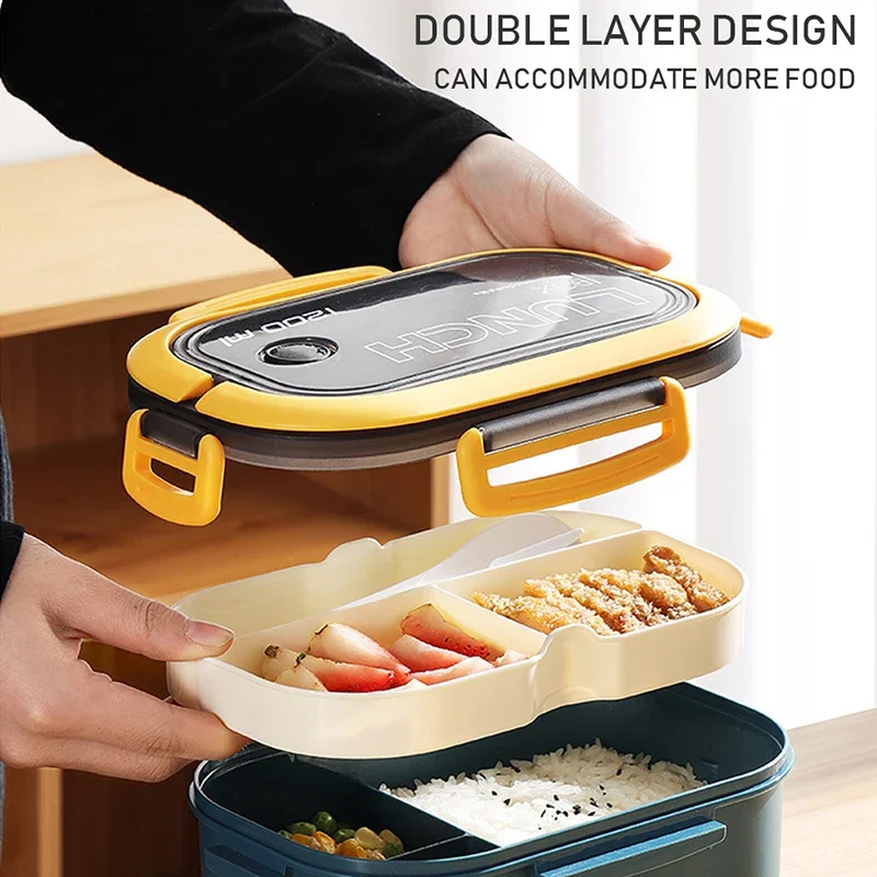 1pc Bento Box Lunch Box Double Layered Lunch Box With Spoon & Fork High Capacity Food Containers Leakproof Eco-Friendly BPA - 2