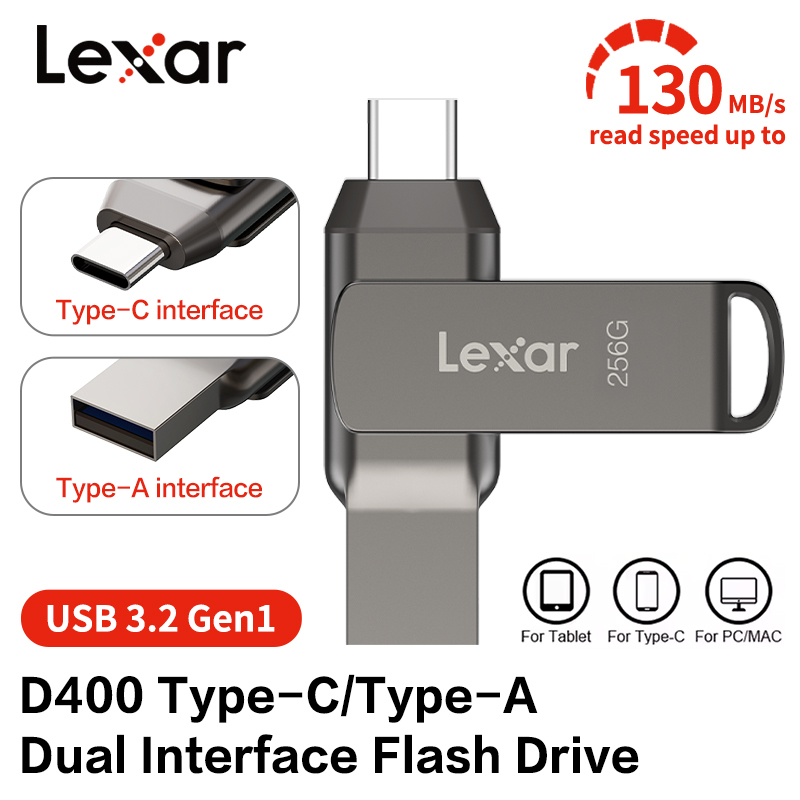 Lexar JumpDrive 2-in-1 Disk D400 USB 3.2 Type-C Flash Drive 32GB 64GB 128GB 256GB metal Pendrive for iPhone Tablet Memory Stick