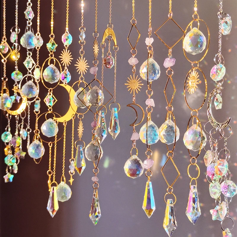 Golden Hanging Crystal Pendant Garden Suncatcher Rainbow Prism Wind Chimes Crystal Chain for Window Christmas Tree Home Decor