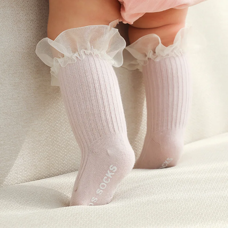 

Newborn Baby Girls Socks Infant Toddlers Knee High Lace Ruffle Sock Anti Slip Cotton Kids Frilly Lace Long Socks For 0-4Years