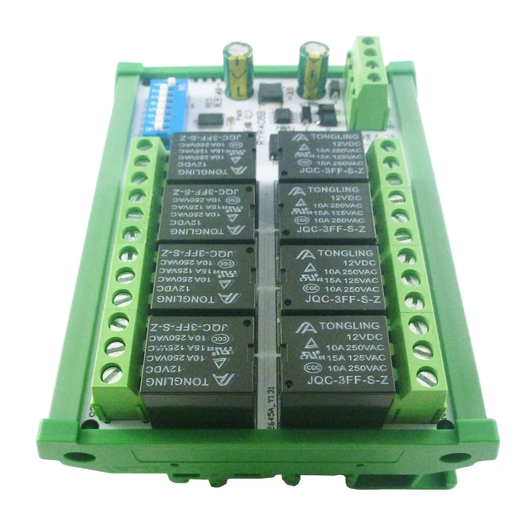 DC 12V 24V 8CH DIP 스위치 세트 매개변수 RS485 릴레이 보드 Modbus RTU PLC 원격 IO 모듈 RYR408B C35 DIN BOX
