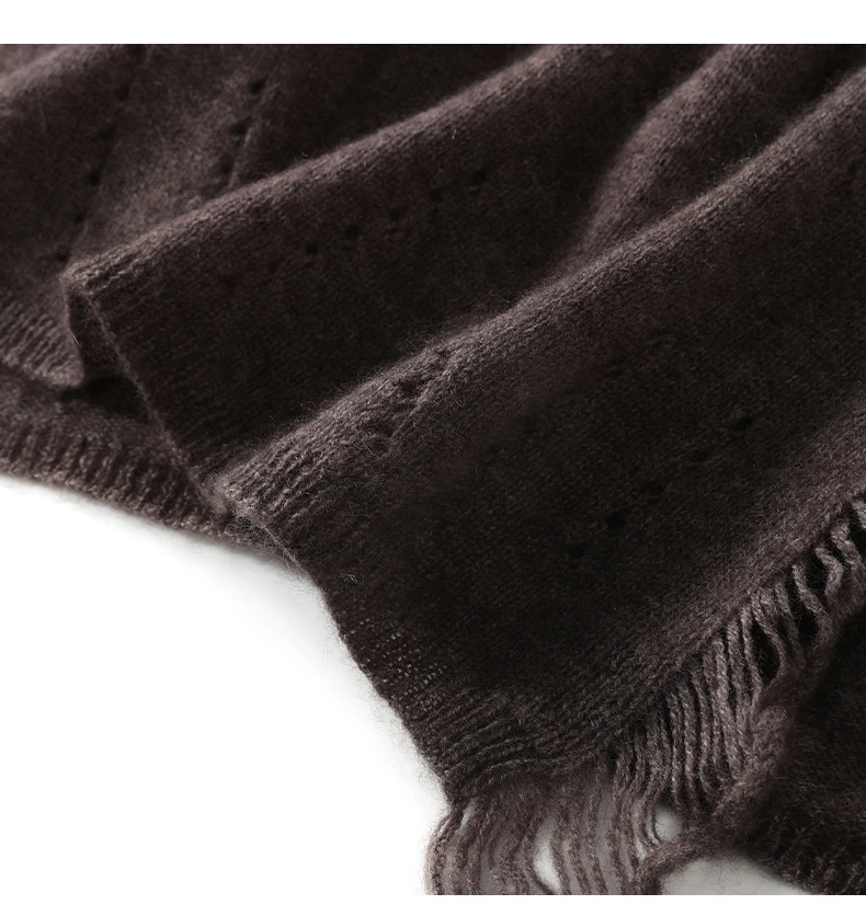 Schal aus 100 % Kaschmir für Damen, Schal mit doppeltem Verwendungszweck und Quasten, hohler, langer, vielseitiger gestrickter Halswärmer, seidig und warm – Detail 17