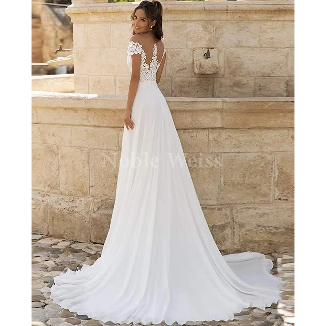 Cap Sleeves Bridal Dress Sexy Side Slit Lace Applique Chiffon Formal Beach Wedding Dress Customized